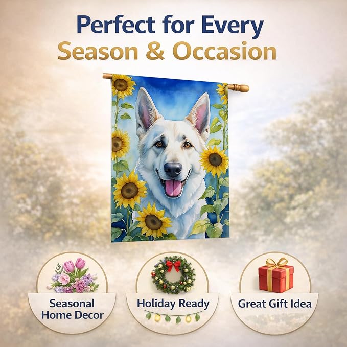 Caroline's Treasures DAC6083CHF White German Shepherd in Sunflowers House Flag Large Porch Sleeve Pole Decorative Outside Yard Banner Artwork Wall Hanging, Polyester, House Size, Multicolor