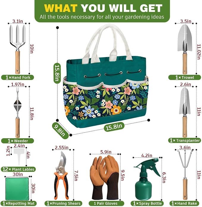 22Pcs Gardening Tools Set for Women Heavy Duty Garden Hand Tools Kit Birthday Gifts for Mom Wife Grandma Beginner Gardening Accessories with Tote Bag/Shovels/Repotting Mat/Plant Labels/Gloves