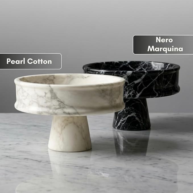 Marble Fruit Bowl for Kitchen Counter, 10" Handcrafted Natural Stone Decorative Bowl, Catch-All Key Dish, Dining Table Centerpiece, Pedestal Bowl, & Housewarming Gift (White Marble)