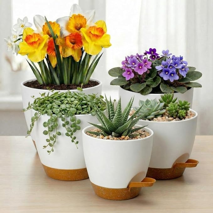 Remerry 15 Pcs 7/6.5/6/ 5.5/5 Inch Self Watering Planters with Drainage Hole Plant Pots Plastic Flower Pots Self Watering Pot and Saucer Reservoir for Garden Plant Flower (White)