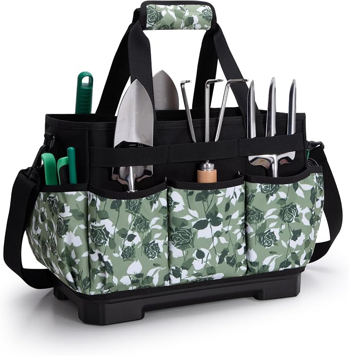 Marscamd Garden Tool Bag with Hard Bottom, Garden Tote with Shoulder Strap and Multiple Pockets (No Accessories Included), Green Rose