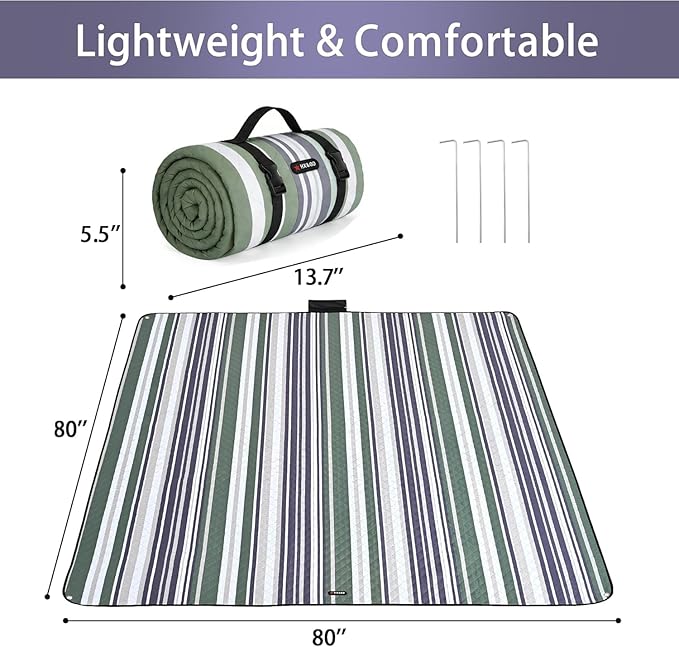 HX&OD Outdoor Picnic Blanket Extra Large, 80''*80' Waterproof Picnic Mat with Stakes Foldable Camping Blanket Portable with Carry Strap for Beach Mat (Green, 80''*80'')