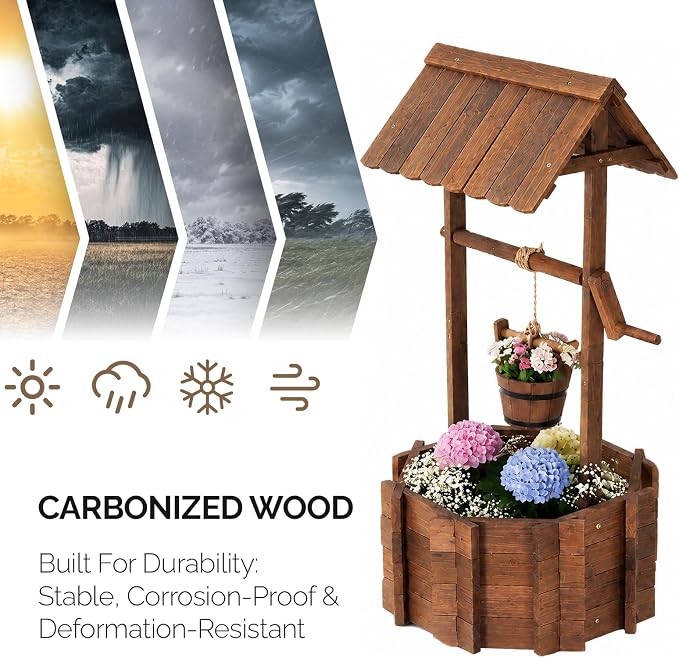 VINGLI Wooden Wishing Well Outdoor Planters, Well Covers for Yard with 2 Reinforced Rods, Height Adjustable Hanging Bucket, Rustic Flower Pot Decor for Outside Patio Garden (Carbonized, 22" Width)