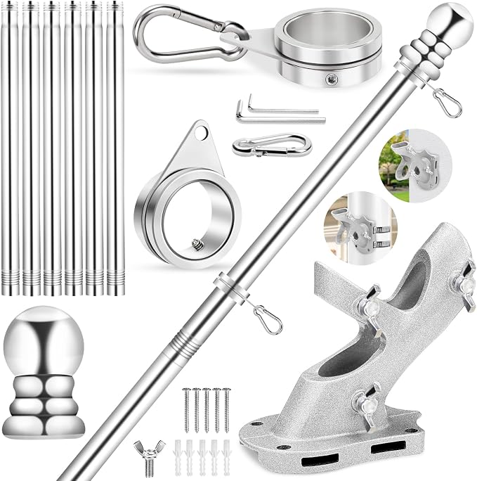 Flag Pole for Outside House Porch Wall Mount, REERON 7 FT No Tangle Stainless Steel Spinning Flagpole Kit with 1" 360° Metal Flag Pole Rings Clips & 2-Position Holder for 3x5' 4x6' American Flags