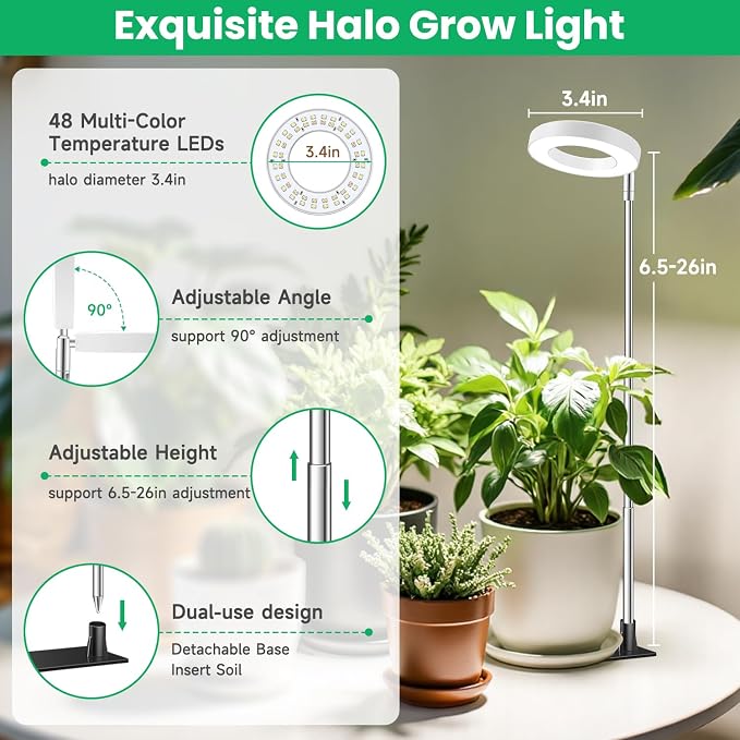 Aokrean Halo Grow Lights with Base for Indoor Plants Growing, Full Spectrum | 48 LEDs White 1-Pack, 2 Installation Ways, 6.5-26 in Height Adjustable, 3 Lighting Modes, Auto Timer 3/9/12Hrs, 10 Brightness