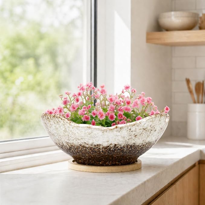 ARTKETTY Bonsai Pots - 9.06 Inch Large Plant Pots, Unique Succulent Pots with Drainage Tray, Ceramic Planters for Indoor Cactus Flower Plants Round Bonsai Tree Pots Decorative Home Office