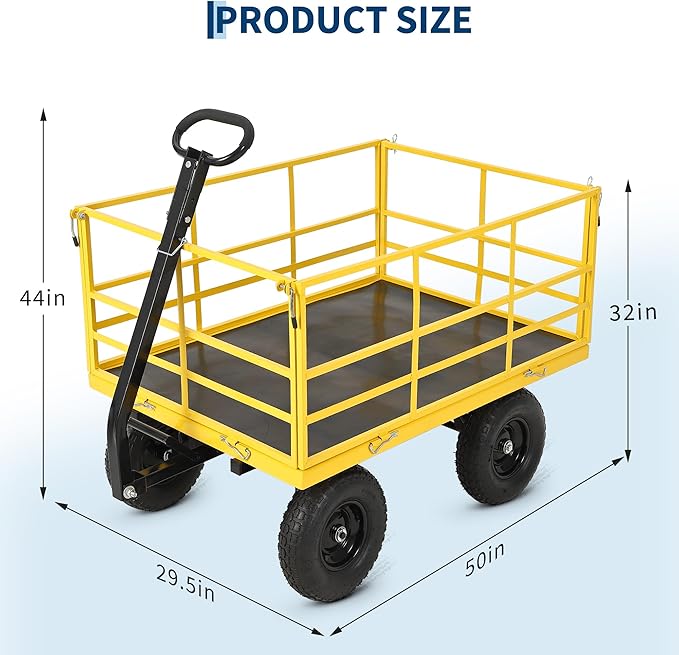 Garvee 1500 LB Garden Dump Cart, Heavy Duty Metal Utility Wagon ATV Trailer | 13 in All Terrain Tires, 4-in-1 Yard Wagon Cart with Removable Side Panels for Outdoor Lawn, Yard, Backyard