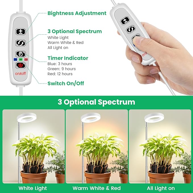 Aokrean Halo Grow Lights with Base for Indoor Plants Growing, Full Spectrum | 48 LEDs White 1-Pack, 2 Installation Ways, 6.5-26 in Height Adjustable, 3 Lighting Modes, Auto Timer 3/9/12Hrs, 10 Brightness