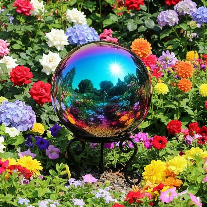 25cm/10 inch Garden Sphere Mirror Gazing Ball,Rainbow Stainless Steel Polished Reflective Smooth Hollow Globe Ball,Durable Colorful and Shiny Decorations Addition to Garden Patio Yard Home