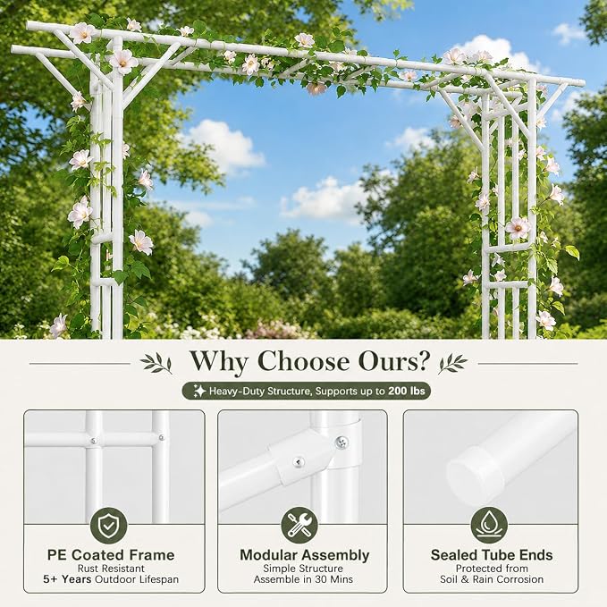 Flat Top Garden Arch Trellis Pergola, 11.8 x 9.02 FT Large Metal Arbor for Climbing Plants, Plastic-Coated Galvanized Steel Frame, Outdoor Decorative Arch for Garden, Backyard, Lawn (White)