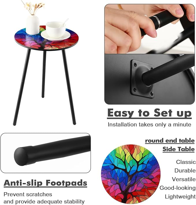 Outdoor Side Table Set of 2 Patio Side Tables for Outside Black End Tables Small Outdoor Table Round Patio End Table Metal Side Table Outside, Indoor, Bedroom, Living Room, Small Spaces, Rainbow Tree