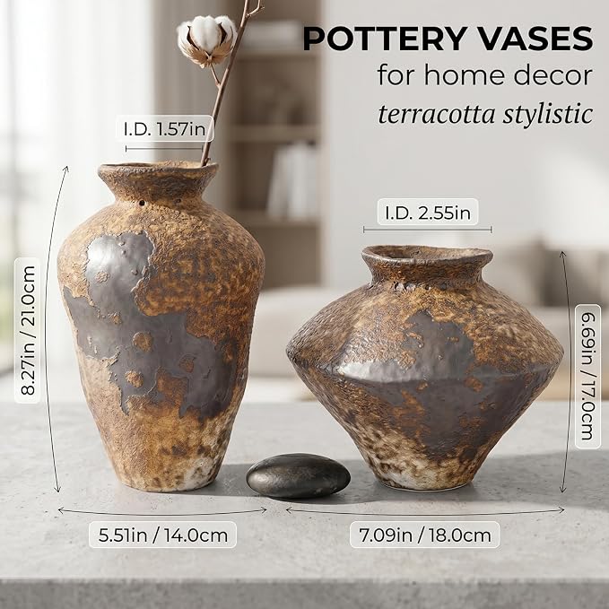 Small Stone Vase for Rustic Home Decor, Farmhouse Antique Pottery Vase Furniture&Table Flower Decorative, Round Terracotta Vases for Living Room Decor, Modern Rustic Concrete Clay Art Vases