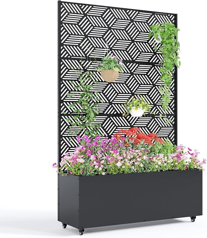 GarveeLife Metal Planter Box with Trellis and Wheels, 71"x47"x16" Raised Garden Bed for Climbing Plants, Vegetables, Vines, Privacy Planters for Patio with Drainage Holes, 15.7" Deep Planting Bed
