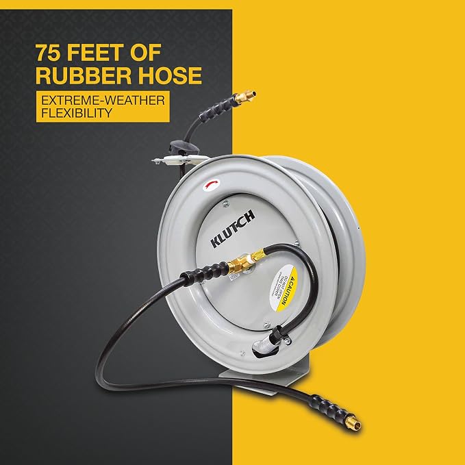 Klutch Auto-Rewind Air Hose Reel, with 3/8in. x 75ft. Rubber Hose, 300 PSI, Model# TLEXR3875-NT