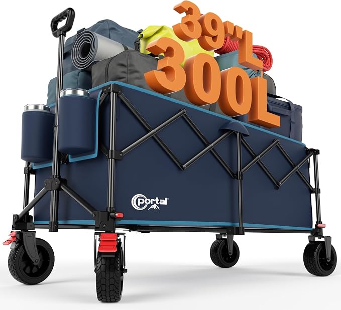 Portal Collapsible Wagon Cart, Foldable Wagon with Big Wheels, 300L Extra Large Wagon,18.7lbs Lightweight Utility Wagon, Heavy Duty Wagon for Beach, Camping, Sports, Garden Blue