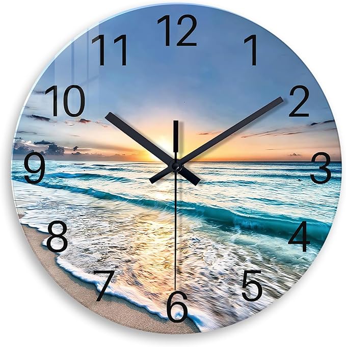 Extra Large Glass Battery Wall Clock 24 Inch | Blue Beach Clocks for Living Room Bedroom Office Decor Round Quite Wall Clock Non Ticking
