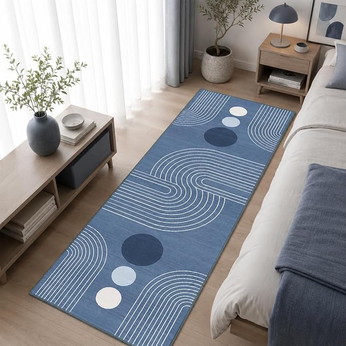Boho Runner Rug 2x6 Modern Geometric Abstract Rug for Hallway Kitchen Bedroom Dusty Blue Mid Century Modern Runner Machine Washable Non-Slip Printed Low-Pile Long Floor Carpet for Bathroom Laundry