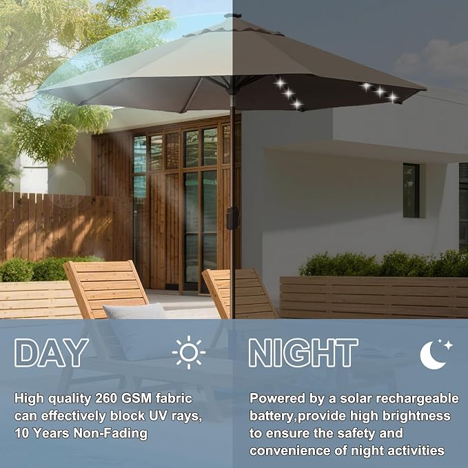 EliteShade USA 10-Year-Non-Fading 10ft Market Patio Umbrella, Commercial Grade Table Sun Umbrella with 80 Solar LED Lights, Crank Open, Windproof & UPF 50+ UV Protection for Garden, Deck, Pool, Backyard, Heather Beige