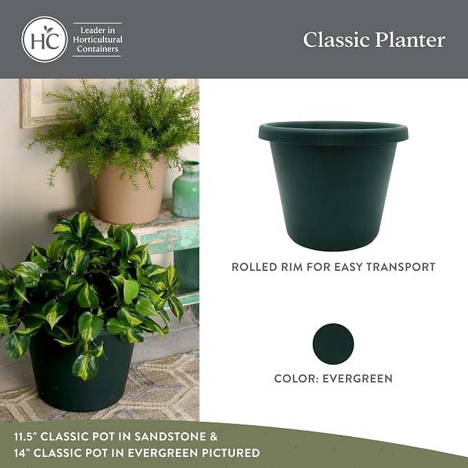 The HC Companies Classic Round Plastic Plant Pot w/Rolled Rim - Lightweight & UV Resistant Flower Pot for Herbs & More - Outdoor & Indoor Plant Pots w/Drainage (11.5 inch Evergreen, Pack of 1)
