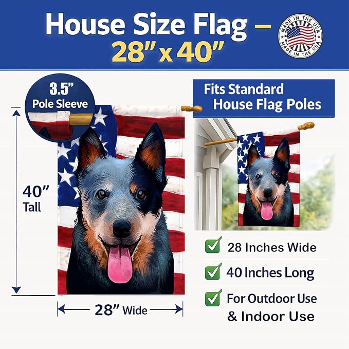 Caroline's Treasures CK6410CHF Australian Cattle Dog American Flag House Flag Large Porch Sleeve Pole Decorative Outside Yard Banner Artwork Wall Hanging, Polyester, House Size, Multicolor