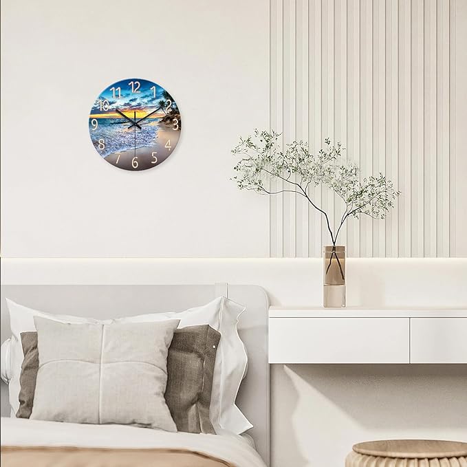 Blue Ocean Wall Clock Battery Operated 14 Inch | Round Analog Beach Clocks Wall Decor Glass Modern Coastal Wall Clock Silent Non Ticking