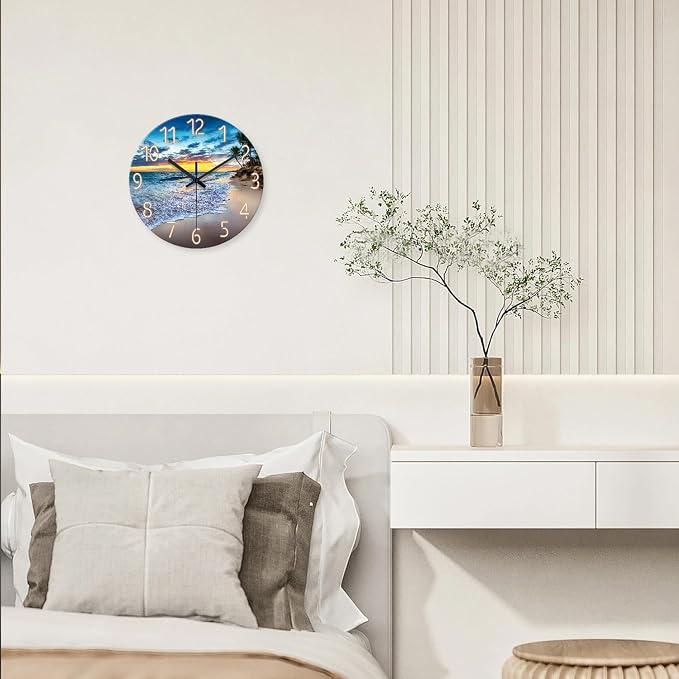 Glass Beach Wall Clock Battery Operated 20 Inch | Large Palm Tree Wall Clock for Living Room Bedroom Office Coastal Clocks for Walls Slien Wall Clock Non Ticking