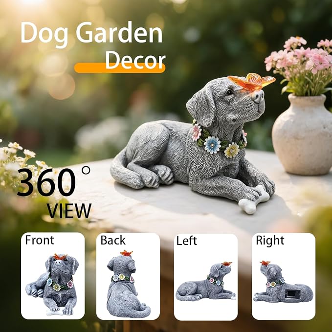9.64" Solar Dog Garden Statue with Butterfly Outdoor Decor | Dog Statue, Outdoor Decor, Yard Garden Patio Porch, Memorial Gifts for Women Mom Grandma, Hand-Painted