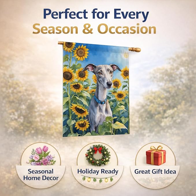 Caroline's Treasures DAC6176CHF Whippet in Sunflowers House Flag Large Porch Sleeve Pole Decorative Outside Yard Banner Artwork Wall Hanging, Polyester, House Size, Multicolor