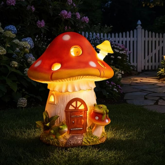 Solar Mushroom Lights Outside Mushroom Garden Decor Fairy Garden House Outdoor Decorations Yard Art Resin Led Cute Statue Lawn Ornament Gift for Housewarming Gardener Birthday