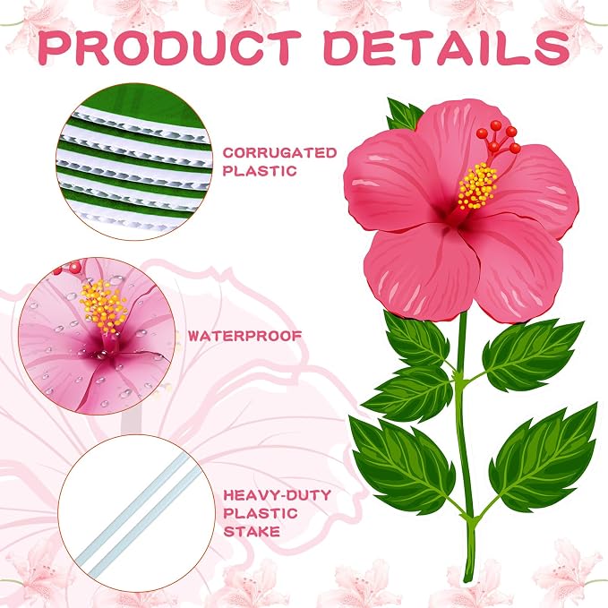 Menkxi 12 Pcs Hawaiian Luau Yard Signs Summer Hibiscus Lawn Sign Tropical Flower Yard Stake Waterproof Luau Outdoor Decorations for Happy Hawaiian Wedding Summer Party Garden Home Decor