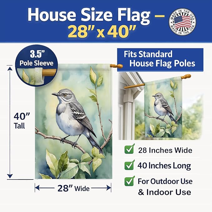 Caroline's Treasures Mississippi Northern Mocking bird House Flag Large Porch Sleeve Pole Decorative Outside Yard Banner Artwork Wall Hanging, Polyester, House Size, Multicolor