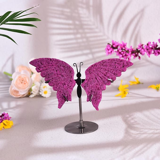 JIC Gem Red Corundum Quartz Crystals Butterfly Art Decorative Natural Rough Rocks Healing Crystal Carved Angel Wings with Display Decor Reiki Gifts (1pair, 10cm)