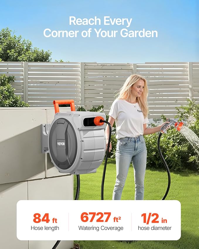 VEVOR Retractable Garden Hose Reel, 1/2 Inch x 84 ft Wall Mounted Heavy Duty Garden Hose Reel with 9 Patterns Nozzle, Any Length Lock, Upgraded Slow Return System and 180°Swivel Bracket