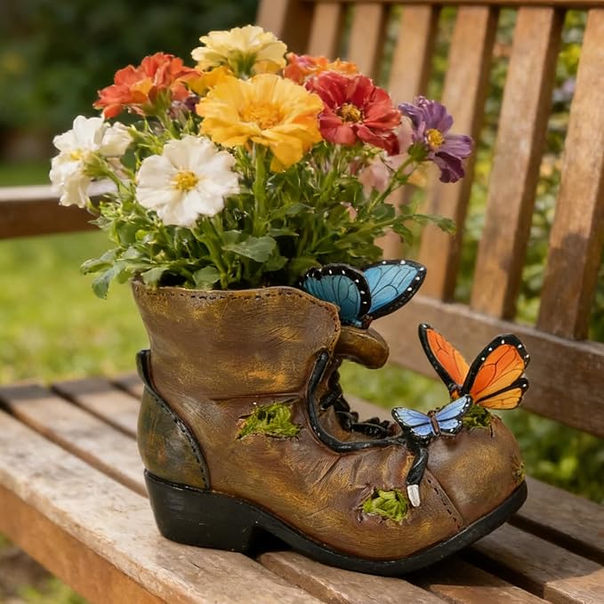 Unique Rustic Boot Planter for Outdoor Indoor Plants - Colorful Resin Pot with Butterfly for Garden Farmhouse Office Decor - Cute Decorative Pot for Succulents Flowers
