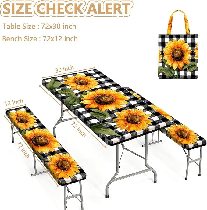 Picnic Table Cover with Bench Covers Elastic Edges, Outdoor Patio Camping Essentials 72 Inch 3PCS, Waterproof Camping Fitted Tablecloth with Handbags (Sunflower buffalo plaid)
