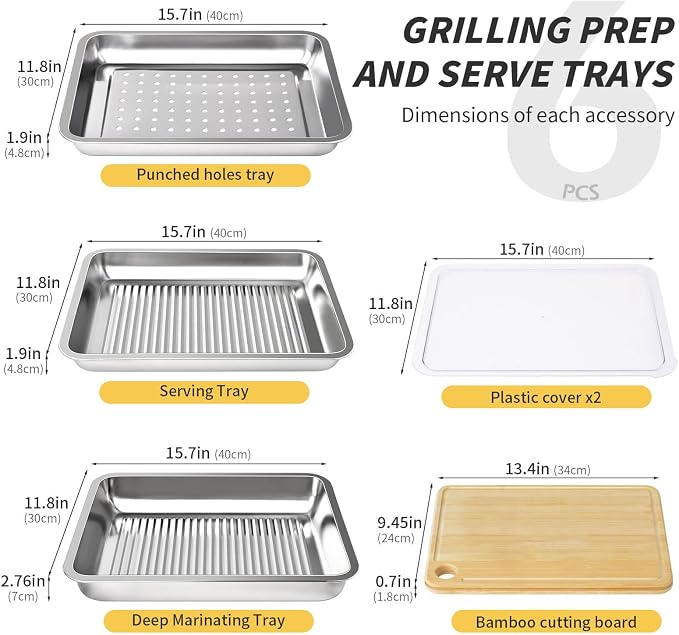 Grilling Prep and Serve Trays, Stainless Steel Large Capacity Food Prep Tray, Grill Carry System, Marinade Container with Lid and Cutting Board, BBQ Grill Accessories, Grilling Gifts for Men