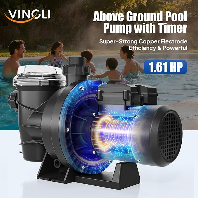 VINGLI 1.5 HP 6075 GPH Pool Pump, 110V Single Speed Self Priming Swimming Pool Pump, Powerful Copper Motor Water Circulation Pump with Filter Basket for Above Ground Pools Spas, US Plug