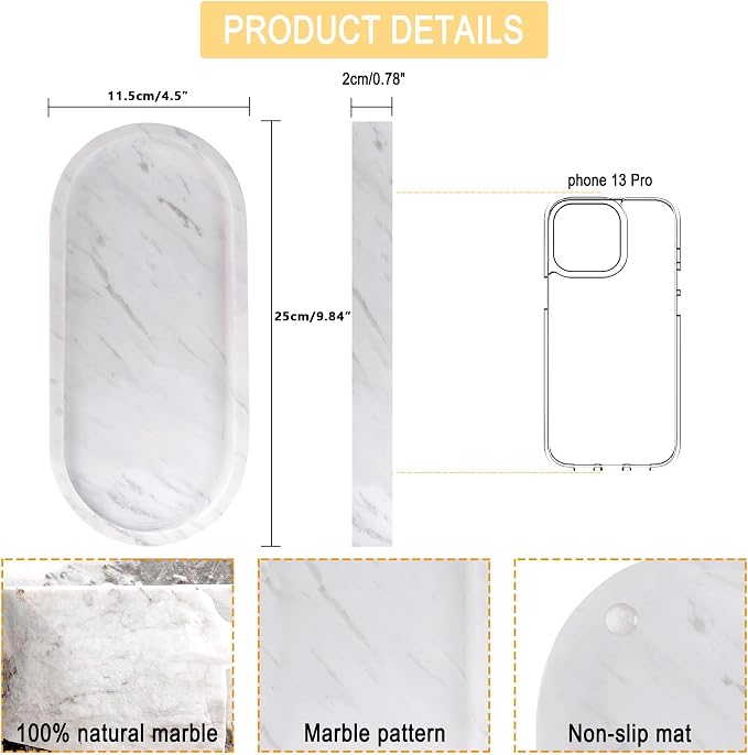 Natural Marble Vanity Tray Waterproof Italy Stone Bathroom Organizer for Perfume, Candles & Jewelry Non-Slip Oval Storage Tray for Spa, Bedroom, Kitchen 9.8" x 4.5" White (BH101)