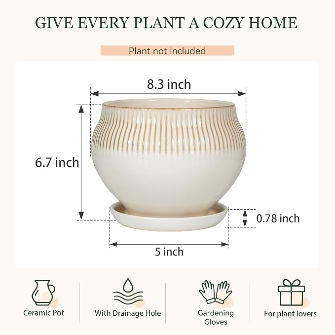 8.3 Inch Modern Ceramic Plant Pot with Drainage Hole and Mesh Net, Indoor Outdoor Planter with Saucer & Gardening Glove, Pots for Succulents, Flowers, Large Plants, White