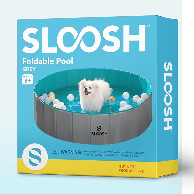 SLOOSH Foldable Dog Kiddie Pool - Portable Hard Plastic Doggie Swimming Pool, Anti-Slip Collapsible Pets Bath Tub Suitable for Kids Indoor Outdoor Backyard Use (Grey, 48" x 12")