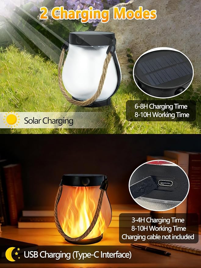 1 Pack Gen2 Solar Lanterns Outdoor Waterproof Hanging Solar Lights Flame | USB & Solar Charging, 2 Modes, Auto ON/OFF, IP65 Waterproof, Hemp Rope, Indoor Outdoor for Patio Garden Tree Tabletop Decor