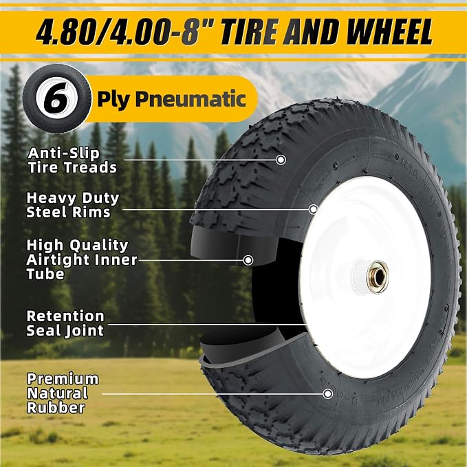 MZREXN 4.80/4.00-8" Tire and Wheel, 16" Pneumatic Wheelbarrow Tire | 5/8"&3/4" Bearings,3"-7"Centered Hub,Fit Hand Truck/Garden Carts/Yard Wagon/Utility Carts/Dolly/Trolley,White 2pcs