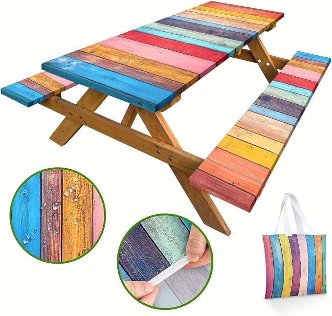 Wood Vintage Picnic Table Cover with Bench Covers and Carrying Bag, Retro Abstract Wood Texture Rectangle Table Cover Outdoor Patio Camping Essentials 72 inch 4PCS Camping Fitted Tablecloth