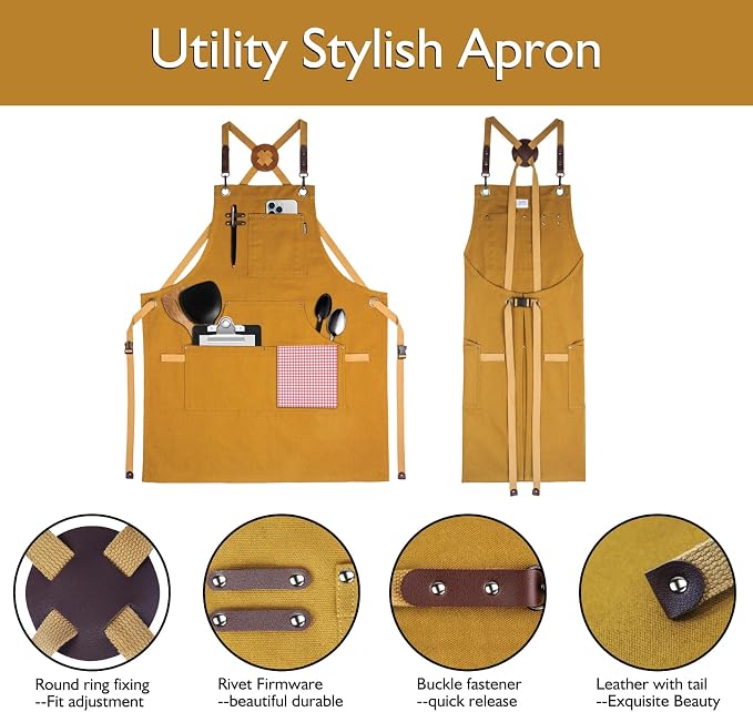 5 Pack Kitchen Aprons, Work Apron, Canvas Apron, Khaki | Multiple Pockets, Gardening, Painting, BBQ, Artist, Carpenter, Sizes M to XXL