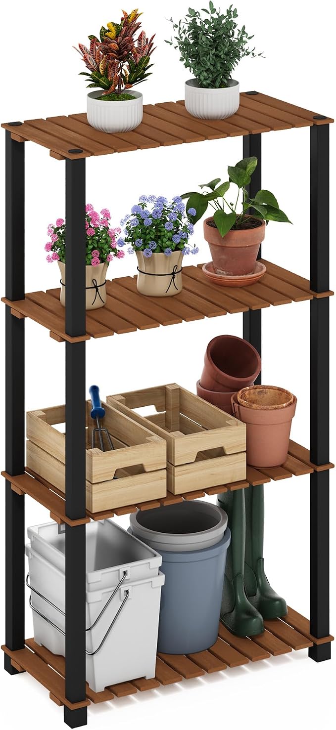 Furinno Pangkor 4-Tier Turn-N-Tube Indoor Outdoor Plant Shelf Wood Stand with Square Poles, Natural/Black