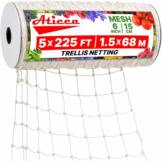 ATICCA Trellis Netting 5 x 225 ft Heavy Duty Polyester Plant Support Netting White - 6 Inch Garden Rope Trellis on Roll - Mesh Twine for Growing Vine Climbing Plants, Flowers, Peas, and Tomatoes.