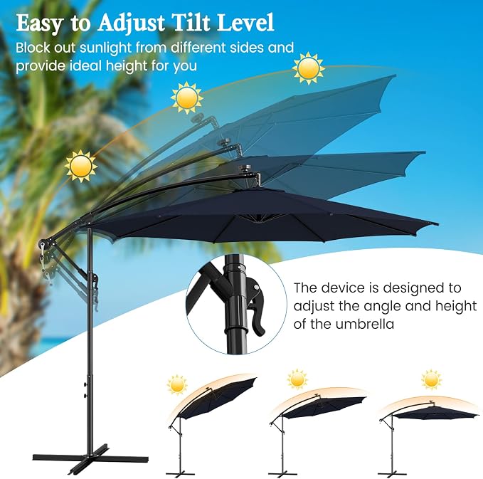 HAPPYGRILL 10FT Cantilever Patio Umbrella with Solar Lights, Outdoor Hanging Offset Umbrella with 112 LED Lights, Tilt Design, Crank Handle, Cross Base Stand for Garden Yard Deck