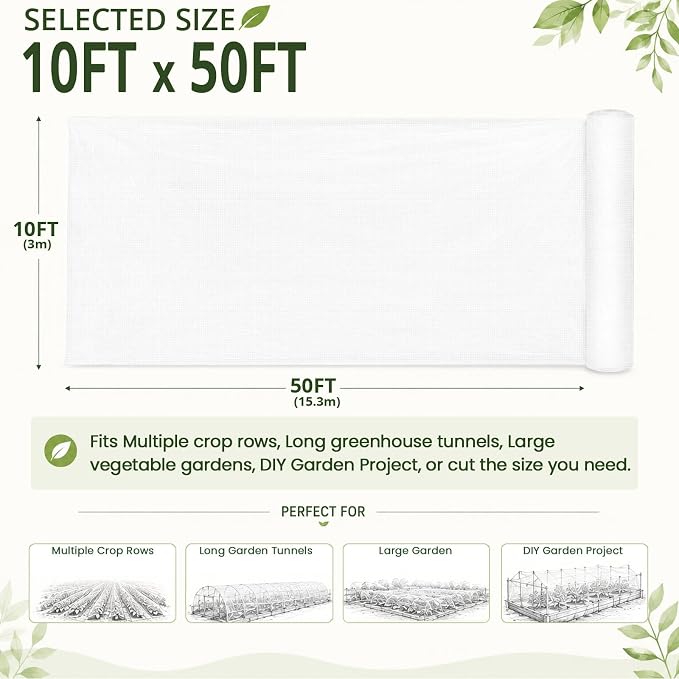 10Ft x 50Ft Garden Netting, Fine Mesh Insect Netting for Plant Protection, Mosquito Bug Bird Barrier Mesh Cover for Vegetables Fruits Flowers Raised Beds