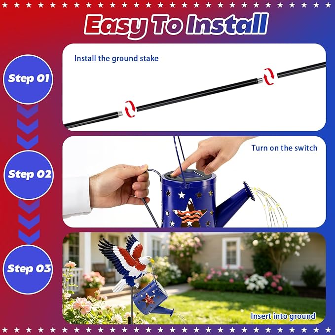 USA 250th Anniversary Solar Eagle Watering Can Lights, 29.9in Metal Eagle with Solar Lights, 4th of July Decorations Patriotic Independence Outdoor for Memorial Day Veterans Day Yard Patio Lawn Decor