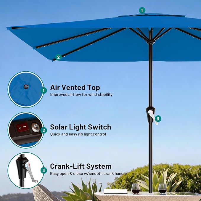 AreShark 8' X 10' Rectangular Patio Umbrella with Solar Lights, Lighted Solar Umbrella with Crank, Outdoor Table Umbrella for Garden, Deck, Backyard, Pool and Beach, Royal Blue